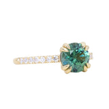 1.97ct Untreated Round Nigerian Teal Green Sapphire Double Prong Solitaire with Pave Set Diamonds in 18k Yellow Gold