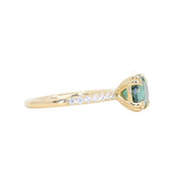1.97ct Untreated Round Nigerian Teal Green Sapphire Double Prong Solitaire with Pave Set Diamonds in 18k Yellow Gold