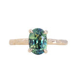 2.03ct Untreated Parti Green and Blue Oval Madagascar Sapphire Evergreen 4 Prong Carved Stackable Solitaire in 14k Yellow Gold