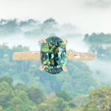 2.03ct Untreated Parti Green and Blue Oval Madagascar Sapphire Evergreen 4 Prong Carved Stackable Solitaire in 14k Yellow Gold