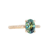 2.03ct Untreated Parti Green and Blue Oval Madagascar Sapphire Evergreen 4 Prong Carved Stackable Solitaire in 14k Yellow Gold