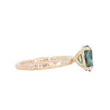 2.03ct Untreated Parti Green and Blue Oval Madagascar Sapphire Evergreen 4 Prong Carved Stackable Solitaire in 14k Yellow Gold