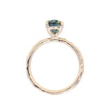 2.03ct Untreated Parti Green and Blue Oval Madagascar Sapphire Evergreen 4 Prong Carved Stackable Solitaire in 14k Yellow Gold
