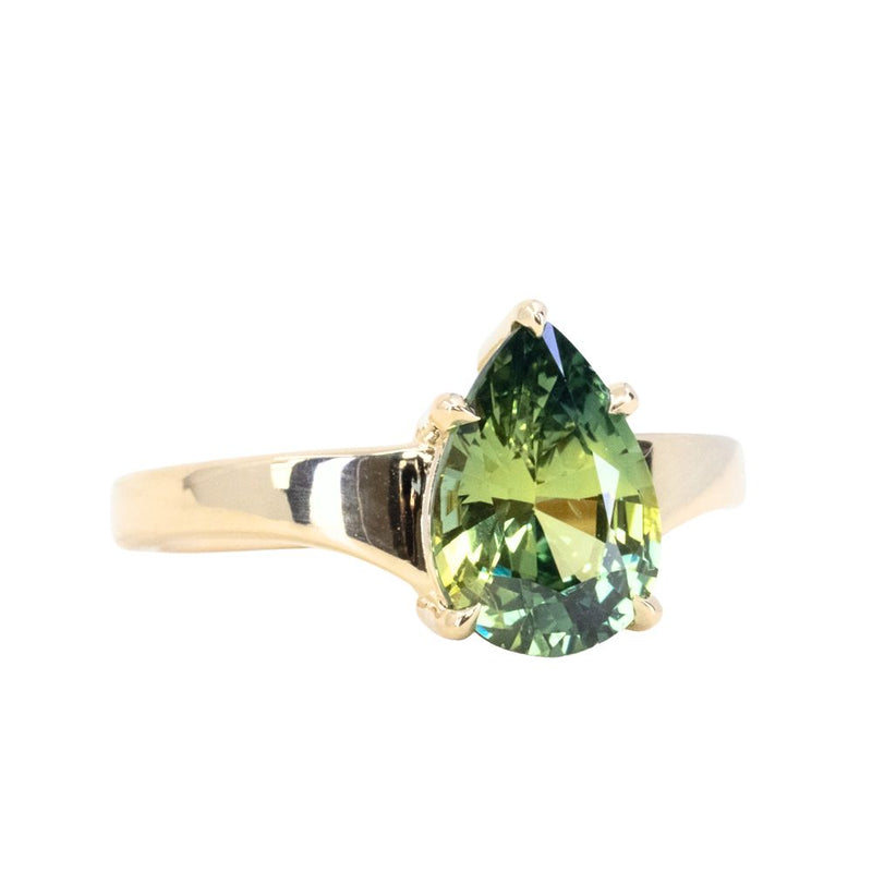 2.70ct Untreated Parti Color Pear Sapphire Low Profile 5 Prong Tapered Solitaire in 14k Yellow Gold