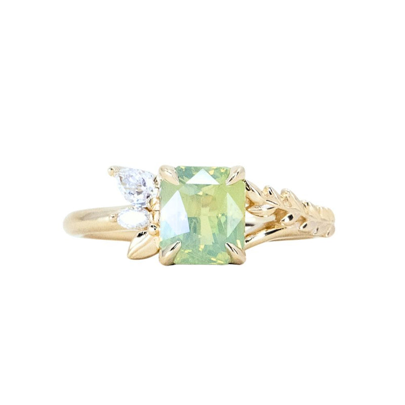 2.09ct Opalescent Green Radiant Cut Madagascar Sapphire in Wandering Vine Low Profile 4 Prong Setting with Diamonds in 14k Yellow