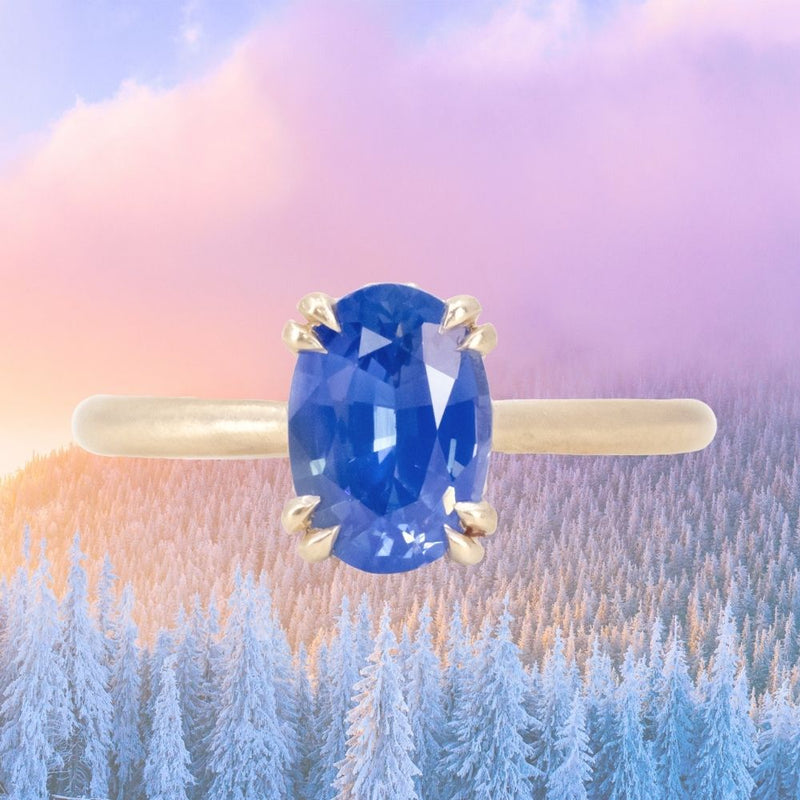 1.81ct Opalescent Oval Blue Sapphire Hidden Halo Solitaire in Satin Finished 14k Yellow Gold