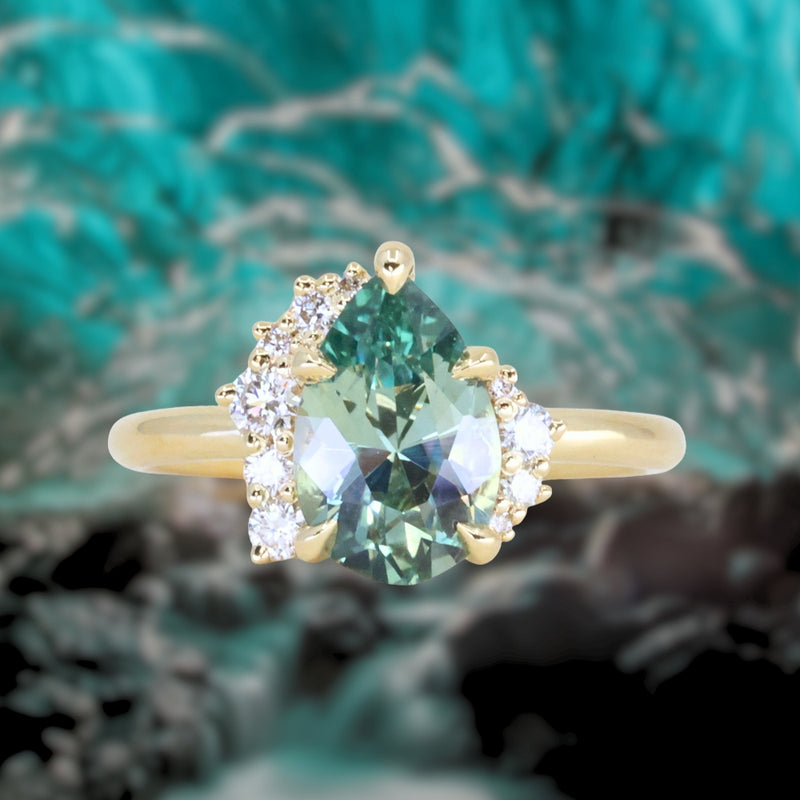 2.35ct Teal Blue Grey Untreated Pear Montana Sapphire and Diamond Asymmetrical Cluster Ring in 18k Yellow Gold