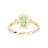 1.62ct Untreated Green Kenyan Fantasy Cut Radiant Sapphire and Kite Diamond Compass Set Three Stone Low Profile Ring in 18k Yellow Gold