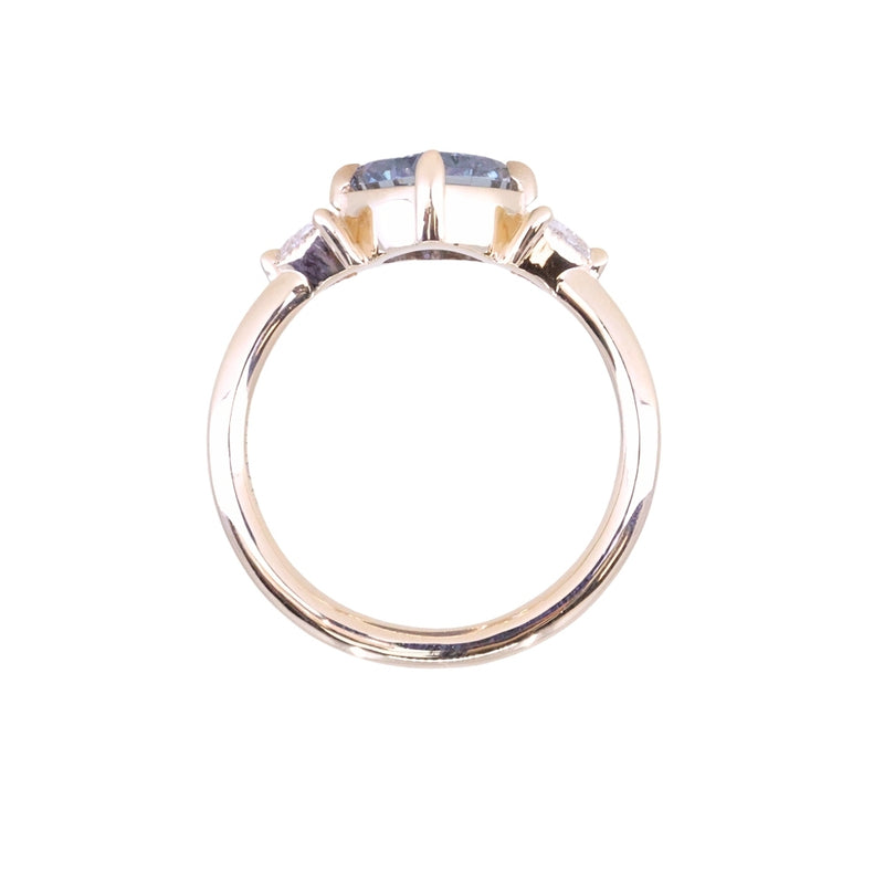 1.93ct Untreated Fantasy Cut Montana Sapphire and Diamond  Antique Milgrain Three Stone Low Profile Ring in 14k Yellow Gold