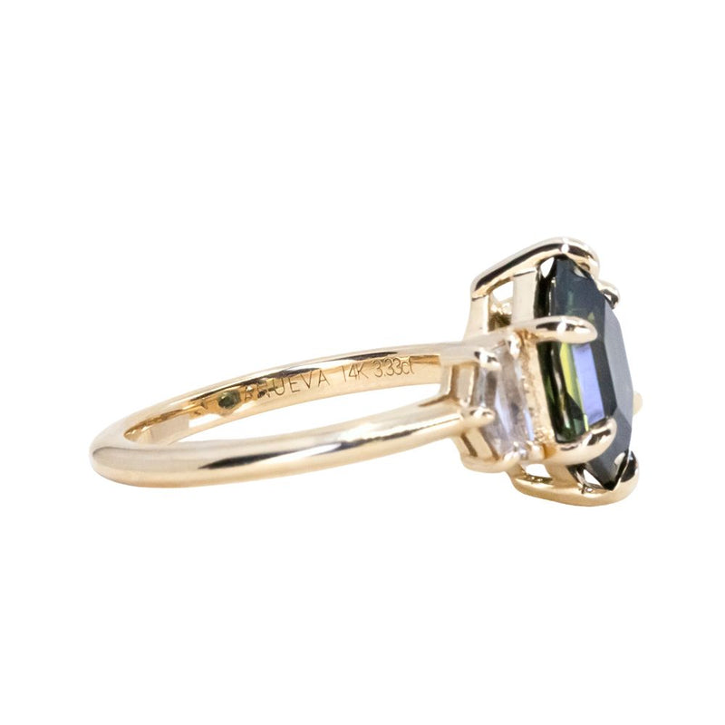 3.33ct Untreated Elongated Hexagon Sapphire and White Cadillac Sapphire Three Stone Ring in 14k Yellow Gold