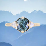 1.50ct Untreated Fantasy Cut Tanzanian Sapphire and Diamond Milgrain Three Stone Low Profile Ring in 14k Yellow Gold