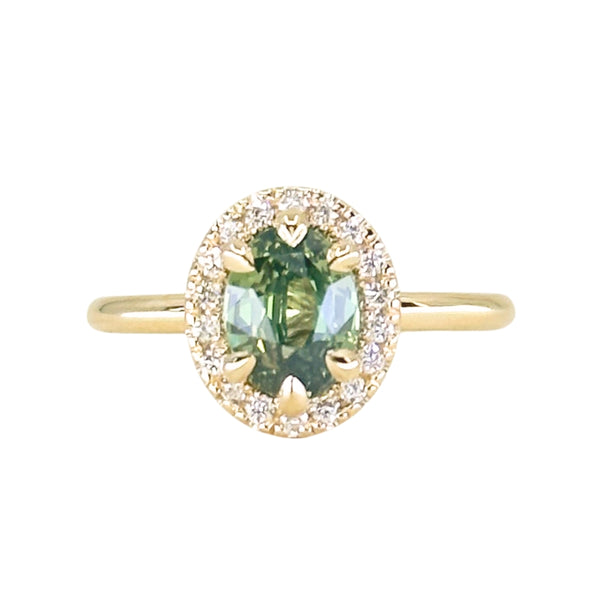 2.01ct Oval Untreated Madagascar Sapphire Six Prong Halo Stackable Ring in 14k Yellow Gold