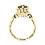 3.93ct Untreated Oval Teal Montana Sapphire and Trillion Australian Sapphire Three Stone Scallop Cup Antique Style with Milgrain Low Profile Ring in 18k Yellow Gold