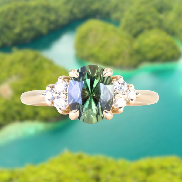 2.30ct Oval Deep Green and Teal Sapphire and Diamond Cluster Ring in 14k Yellow Gold