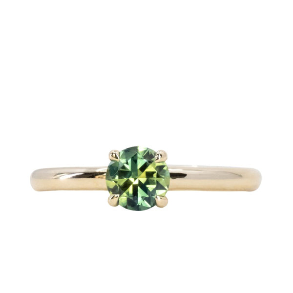 0.77ct Round Australian Parti Green Sapphire Low Profile 4 Prong Solitaire in 14k Yellow Gold