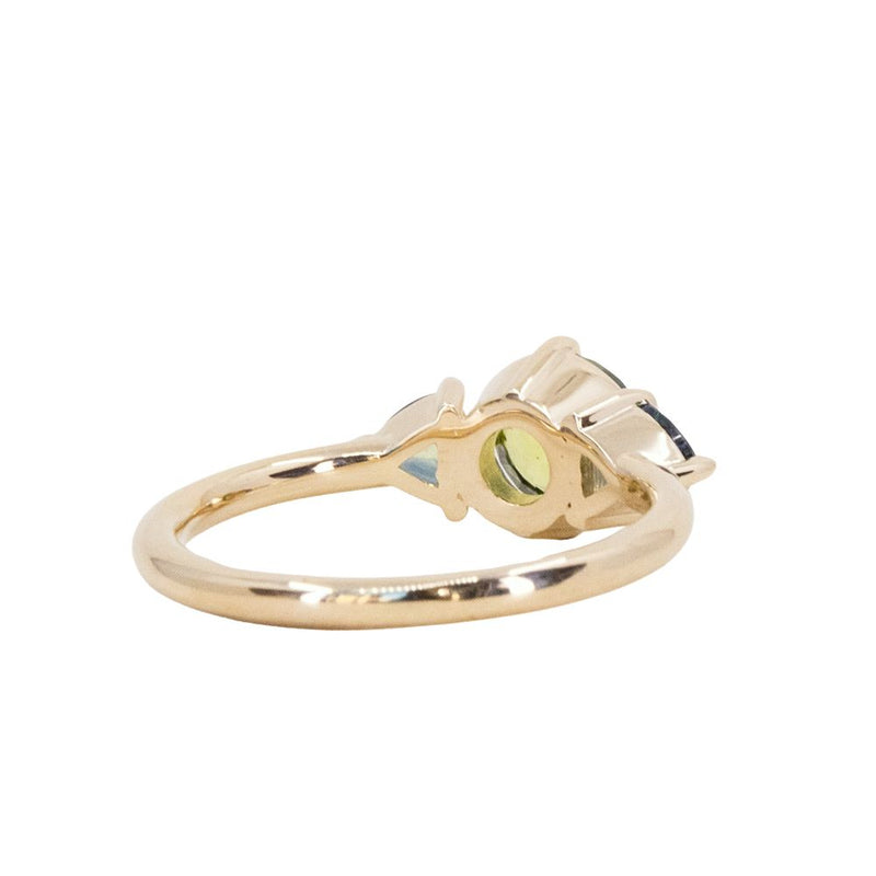 1.24ct Round Parti Green Australian Sapphire and Trillion Sapphire Low Profile Ring in 14k Yellow Gold