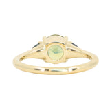 1.50ct Round Parti Yellow Blue Precision Cut Montana Sapphire and Trillion Sapphire Low Profile Three Stone Ring in 18k Yellow Gold