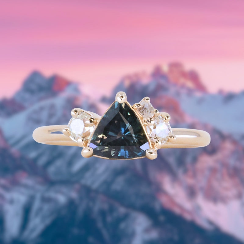 1.04ct Untreated Color Shifting Songean Trillion Sapphire and Antique Diamond Mountainscape Ring in 14k Yellow Gold