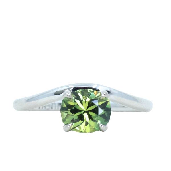 1.38ct Australian Modern Oval Parti Green Yellow Sapphire Low Profile Curved "Offset" Basket Solitaire in 14k White