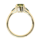 1.50ct Round Parti Yellow Blue Precision Cut Montana Sapphire and Trillion Sapphire Low Profile Three Stone Ring in 18k Yellow Gold