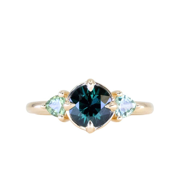 1.31ct Round Color Shifting Songean Sapphire and Trillion Sapphire Antique Compass Set Low Profile Ring in 14k Yellow Gold