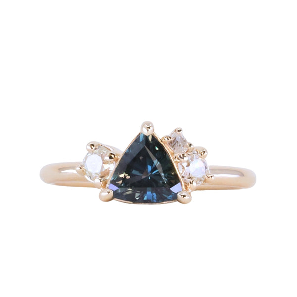 1.04ct Untreated Color Shifting Songean Trillion Sapphire and Antique Diamond Mountainscape Ring in 14k Yellow Gold