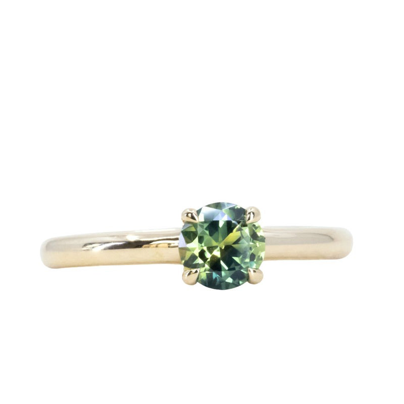 0.77ct Round Australian Parti Green Sapphire Low Profile 4 Prong Solitaire in 14k Yellow Gold