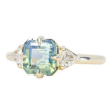 2.03ct Asscher Cut Untreated Sapphire and Trillion Diamond Antique Compass Set Low Profile Ring in 14k Green Gold