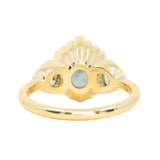 3.93ct Untreated Oval Teal Montana Sapphire and Trillion Australian Sapphire Three Stone Scallop Cup Antique Style with Milgrain Low Profile Ring in 18k Yellow Gold