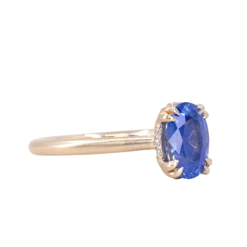 1.81ct Opalescent Oval Blue Sapphire Hidden Halo Solitaire in Satin Finished 14k Yellow Gold