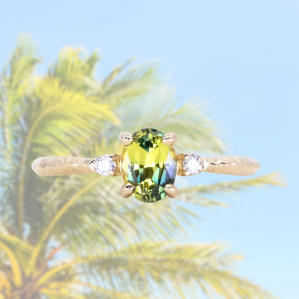 0.82ct Parti Oval Green Australian Sapphire and Diamond Dainty Three Stone Ring in 14k Yellow Gold