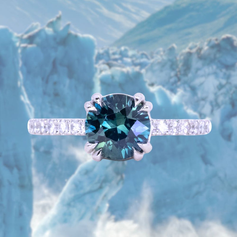 1.50ct Round Untreated Teal Blue Sapphire Double Prong Solitaire with French Set Diamonds in Platinum