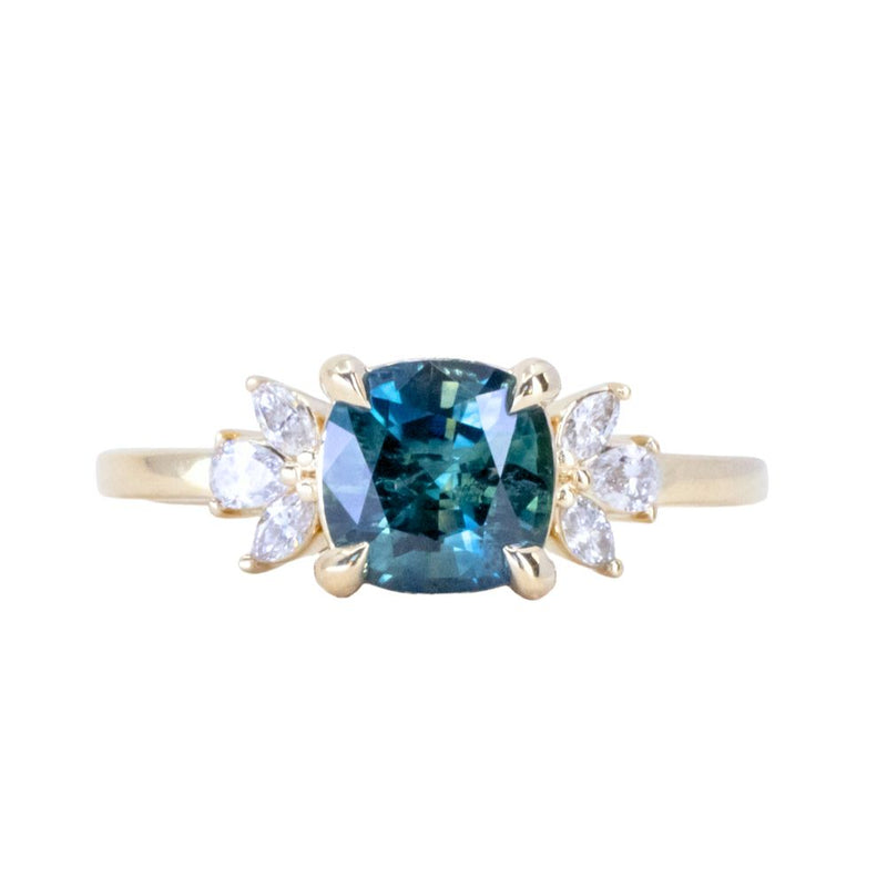 1.91ct Blue Montana Sapphire Cushion Cut and Lab Grown Marquise Diamond Cluster Ring in 14k Yellow Gold