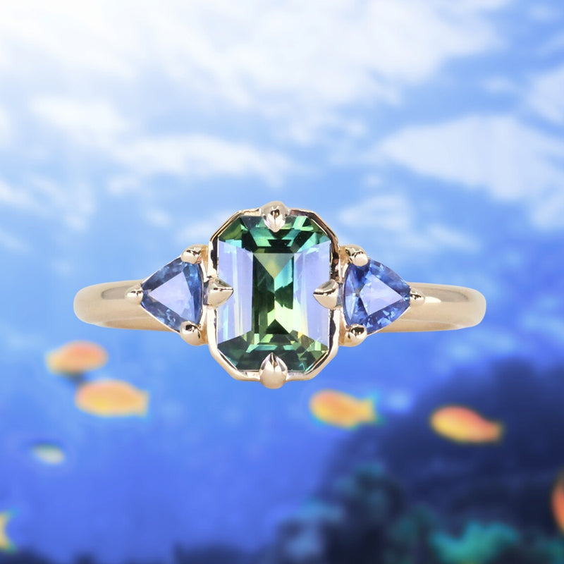 1.24ct Untreated Emerald Cut Parti Madagascar Sapphire and Trillion Sapphire Compass Set Low Profile Ring in 14k Yellow Gold