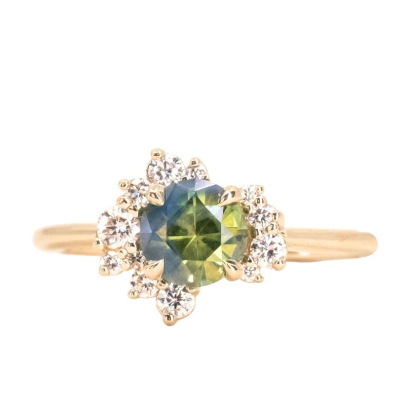 1.16ct Parti Green Madagascar Sapphire and Diamond Asymmetrical Cluster Ring in 14k Yellow Gold