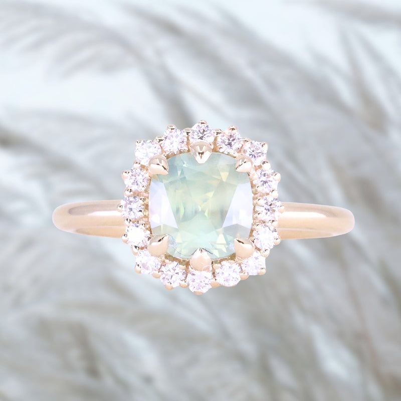 2.18ct"Old Mine Cushion" cut Silky Light Green Montana Sapphire Antique-Style Diamond Halo Ring in 14k Yellow Gold