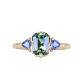 1.24ct Untreated Emerald Cut Parti Madagascar Sapphire and Trillion Sapphire Compass Set Low Profile Ring in 14k Yellow Gold