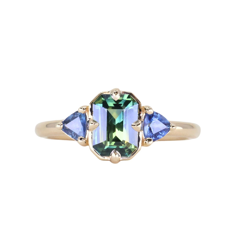 1.24ct Untreated Emerald Cut Parti Madagascar Sapphire and Trillion Sapphire Compass Set Low Profile Ring in 14k Yellow Gold