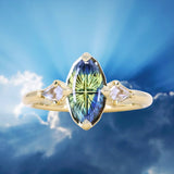 1.85ct Parti Australian Fantasy Cut Sapphire and White Australian Kite Sapphire Antique Milgrain Three Stone Low Profile Ring in 18k Yellow Gold