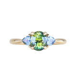 1.61ct Oval Madagascar Parti Sapphire and Trillion Sapphire Three Stone Low Profile Ring in 14k Yellow Gold