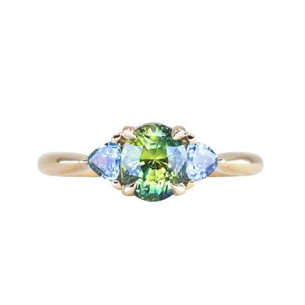 1.61ct Oval Madagascar Parti Sapphire and Trillion Sapphire Three Stone Low Profile Ring in 14k Yellow Gold