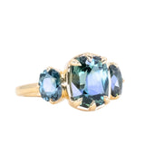 3.22ct Elongated Cushion Cut Montana Sapphire Three Stone Ring in 18k Yellow Gold