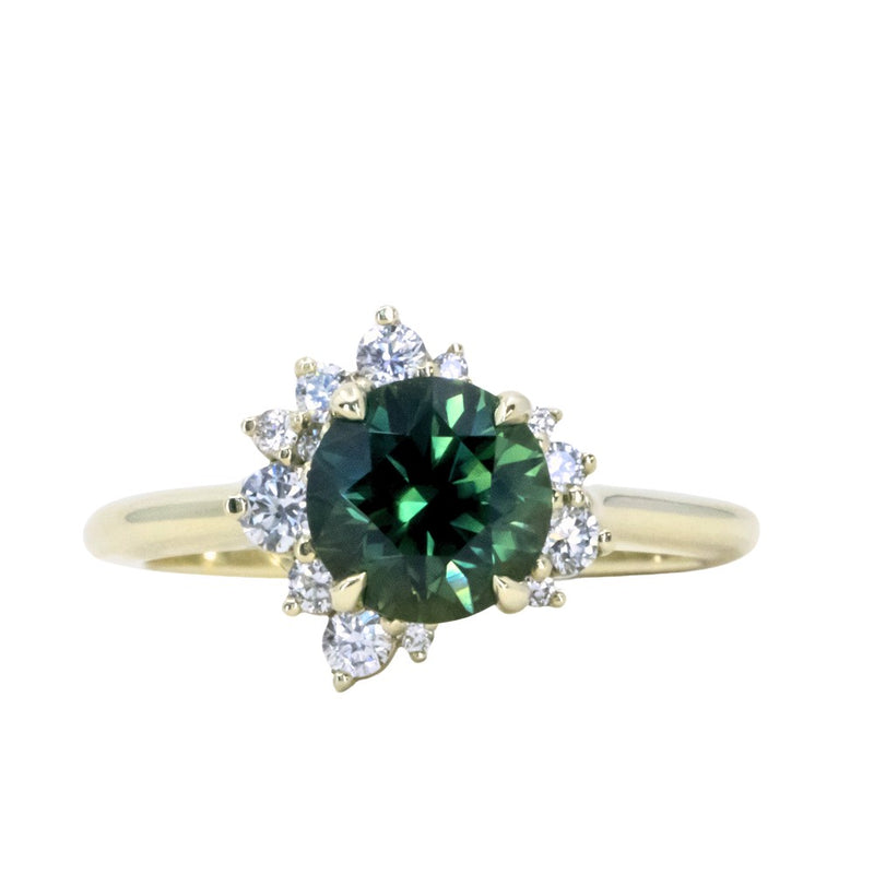 1.82ct Round Untreated Australian Green Sapphire and Diamond Asymmetrical Cluster Ring in 14k Green Gold