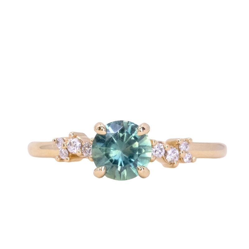 0.98ct Round Teal Blue Untreated Montana Sapphire and Diamond Starry Night Low Profile Solitaire in 14k Yellow Gold