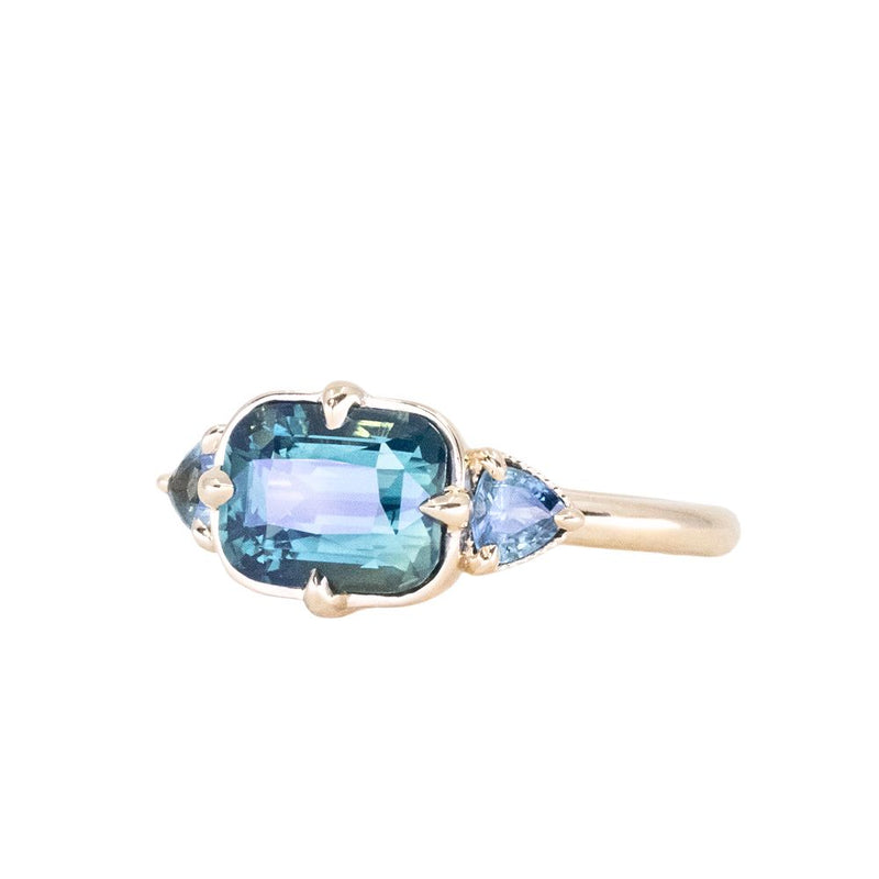 2.53ct Untreated Glowy Teal Cushion Cut Sapphire and Trillion Sapphire Antique Compass East-West Set Low Profile Ring in 14k Yellow Gold