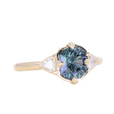 1.50ct Untreated Fantasy Cut Tanzanian Sapphire and Diamond Milgrain Three Stone Low Profile Ring in 14k Yellow Gold