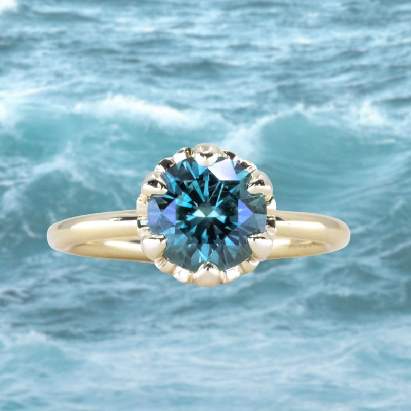 2.25ct Precision Cut Round Teal Green Montana Sapphire Scallop Cup Solitaire in 18k Yellow gold with hidden Diamonds