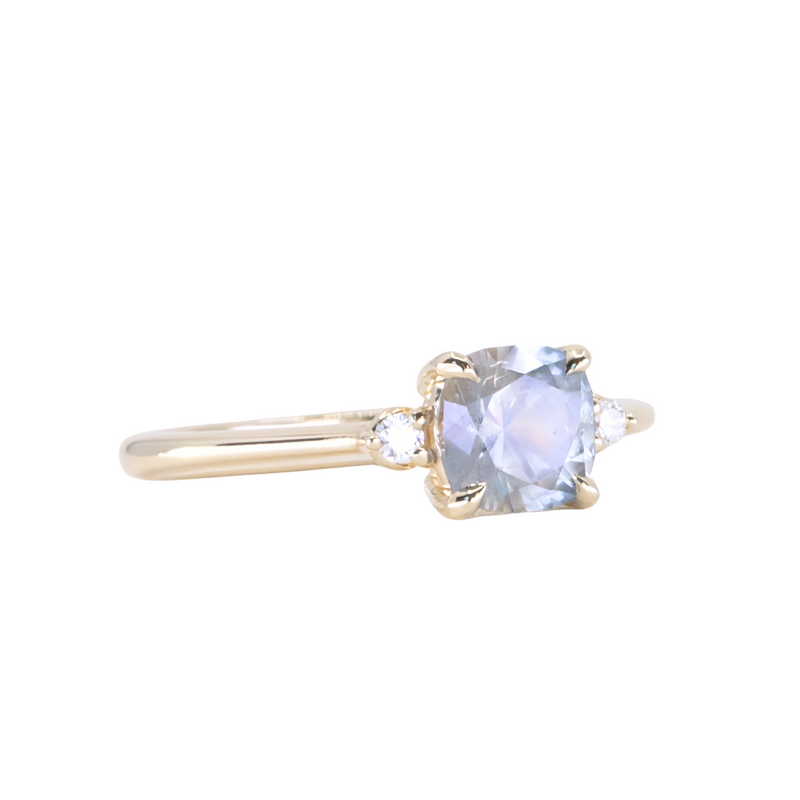 1.37ct Bicolor Purple Cushion Montana Sapphire and Diamond Dainty Three Stone Ring in 14k Yellow Gold