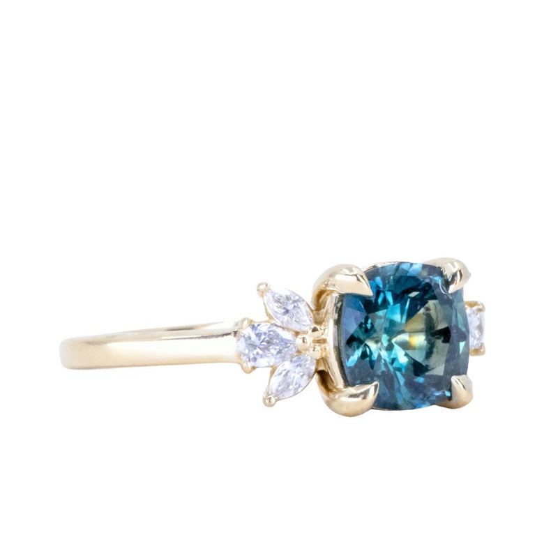 1.91ct Blue Montana Sapphire Cushion Cut and Lab Grown Marquise Diamond Cluster Ring in 14k Yellow Gold