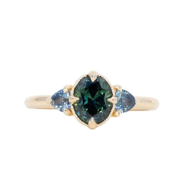 1.29ct Oval Deep Teal Green Australian Sapphire and Trillion Sapphire Antique Low Profile Ring in 14k Yellow Gold